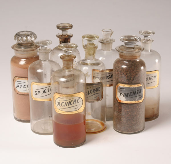Lot of 8 stoppered pharmacy bottles
