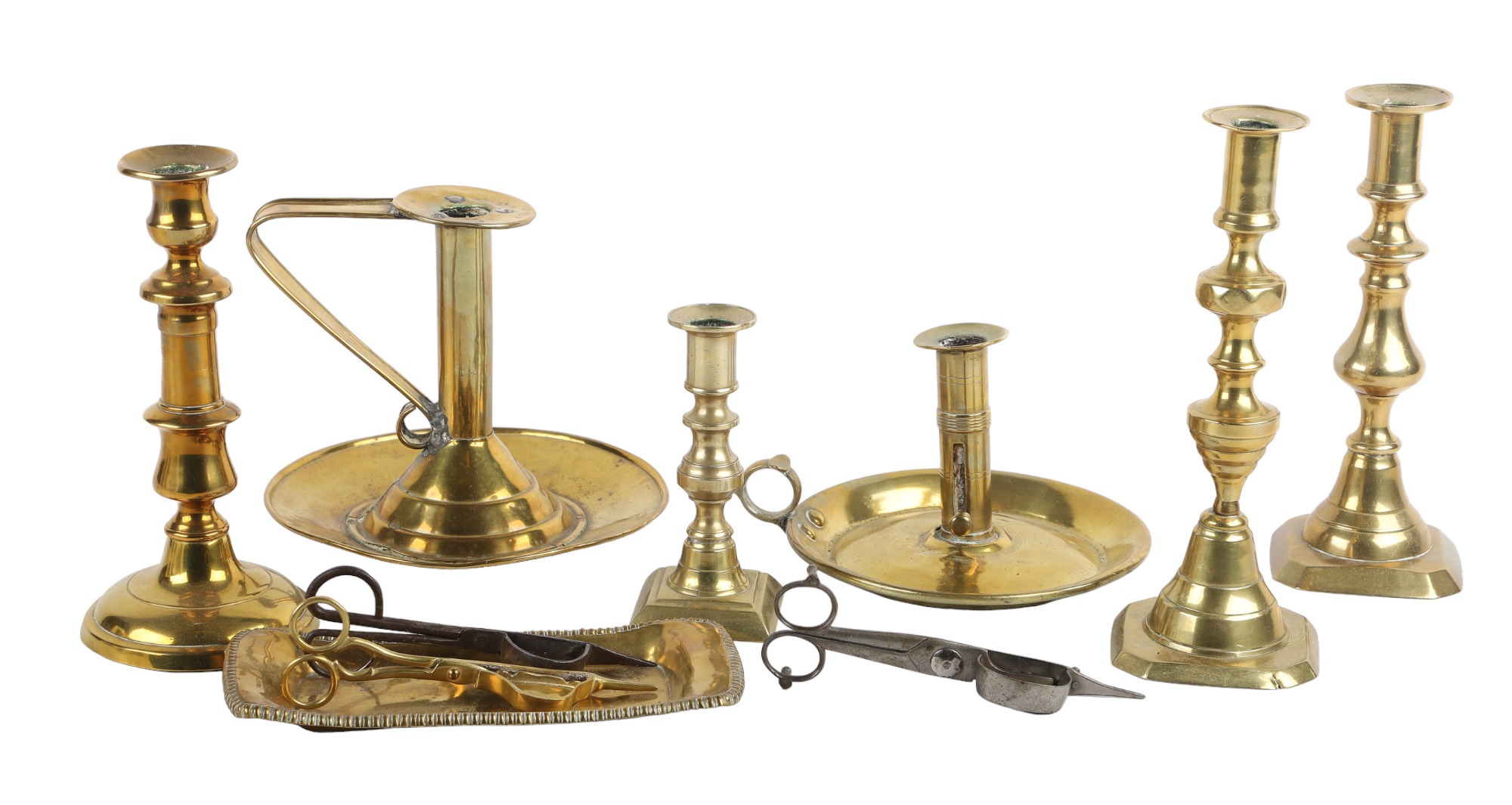 Lot of brass candlesticks & shears,