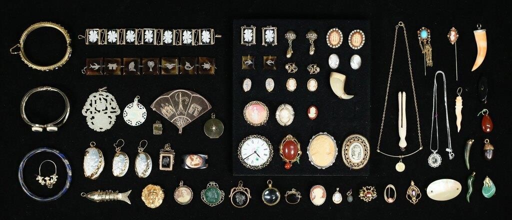 LOT OF CAMEOS, PENDANTS, BRACELETS,