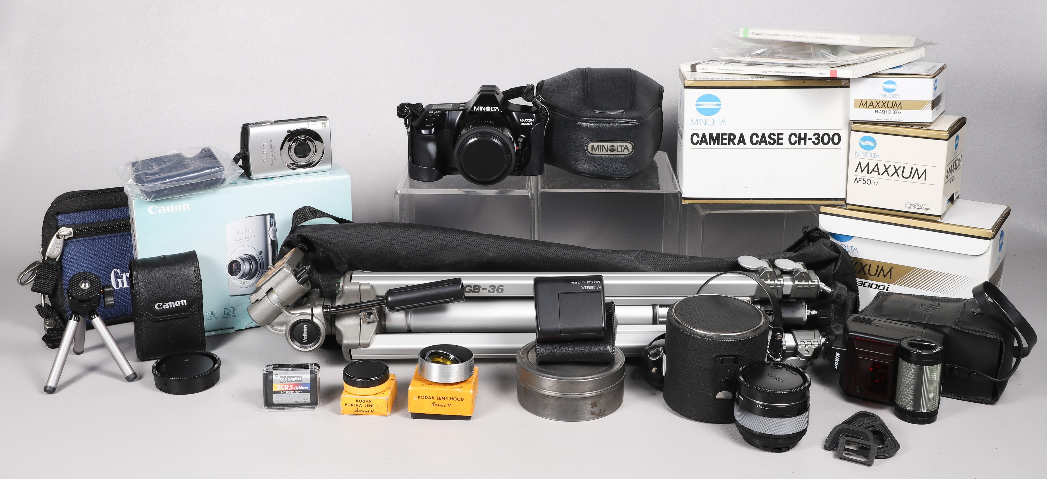 Lot of camera items, including