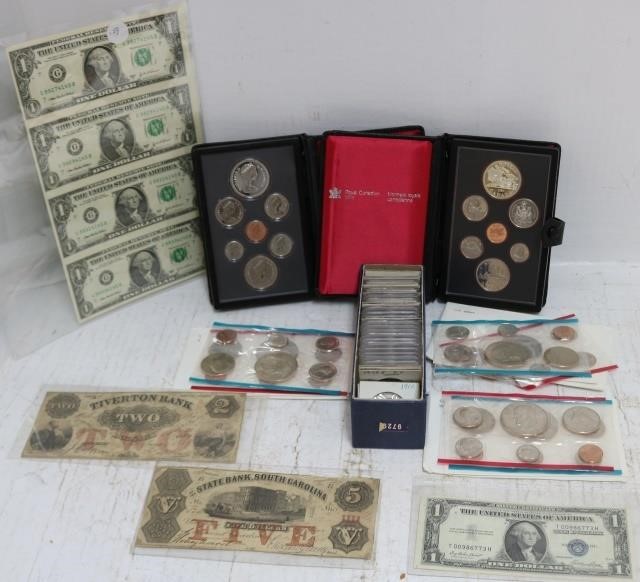 LOT OF COINS, AND PAPER CURRENCY.