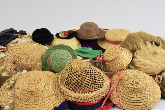 LOT OF DOLL HATS BONNETS AND WIGS
