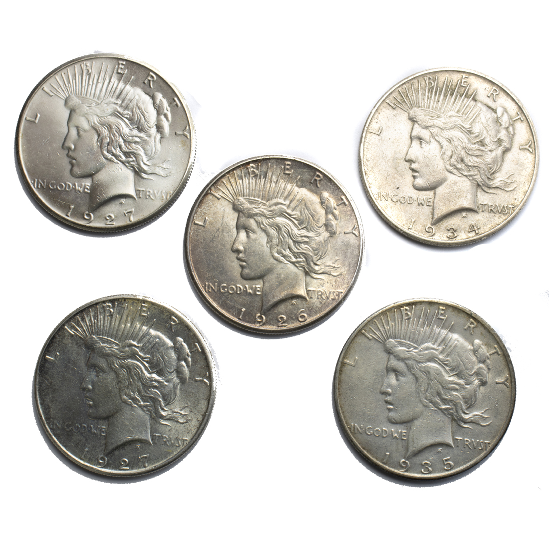 LOT OF FIVE: US PEACE DOLLARS Lot