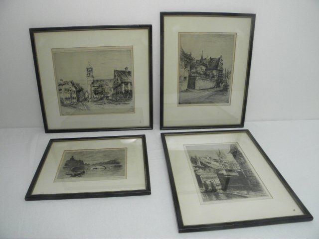 Lot of four framed German etchings.