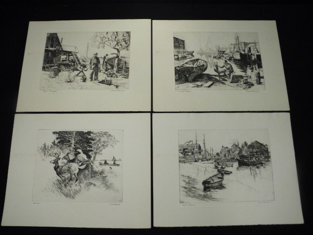 Lot of four signed etchings.
