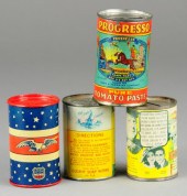 LOT OF FOUR TIN CAN STILL BANK