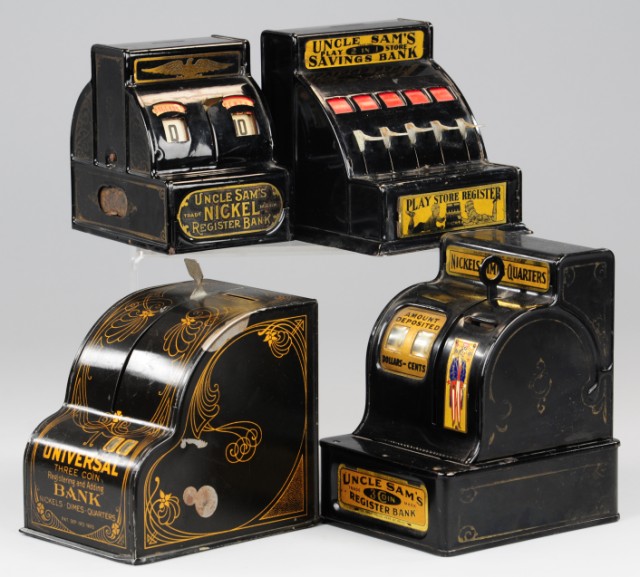 LOT OF FOUR TIN TOY CASH REGISTER