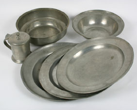 Lot of six pewter items including a