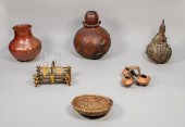 LOT OF VESSELS BASKETS AND BOW