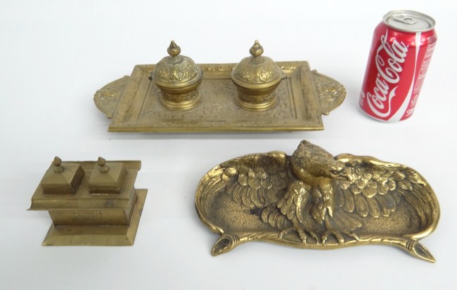 Lot three brass inkwells