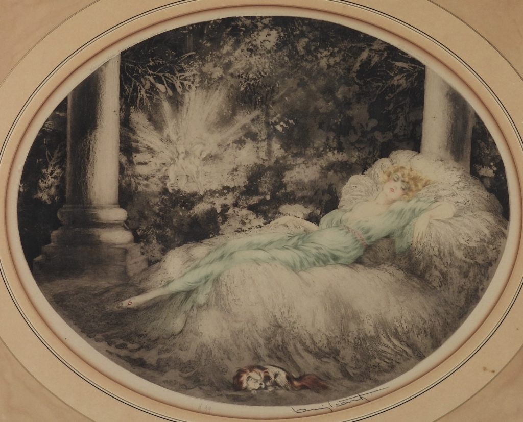 LOUIS ICART LOUNGING WOMAN W/ DOG