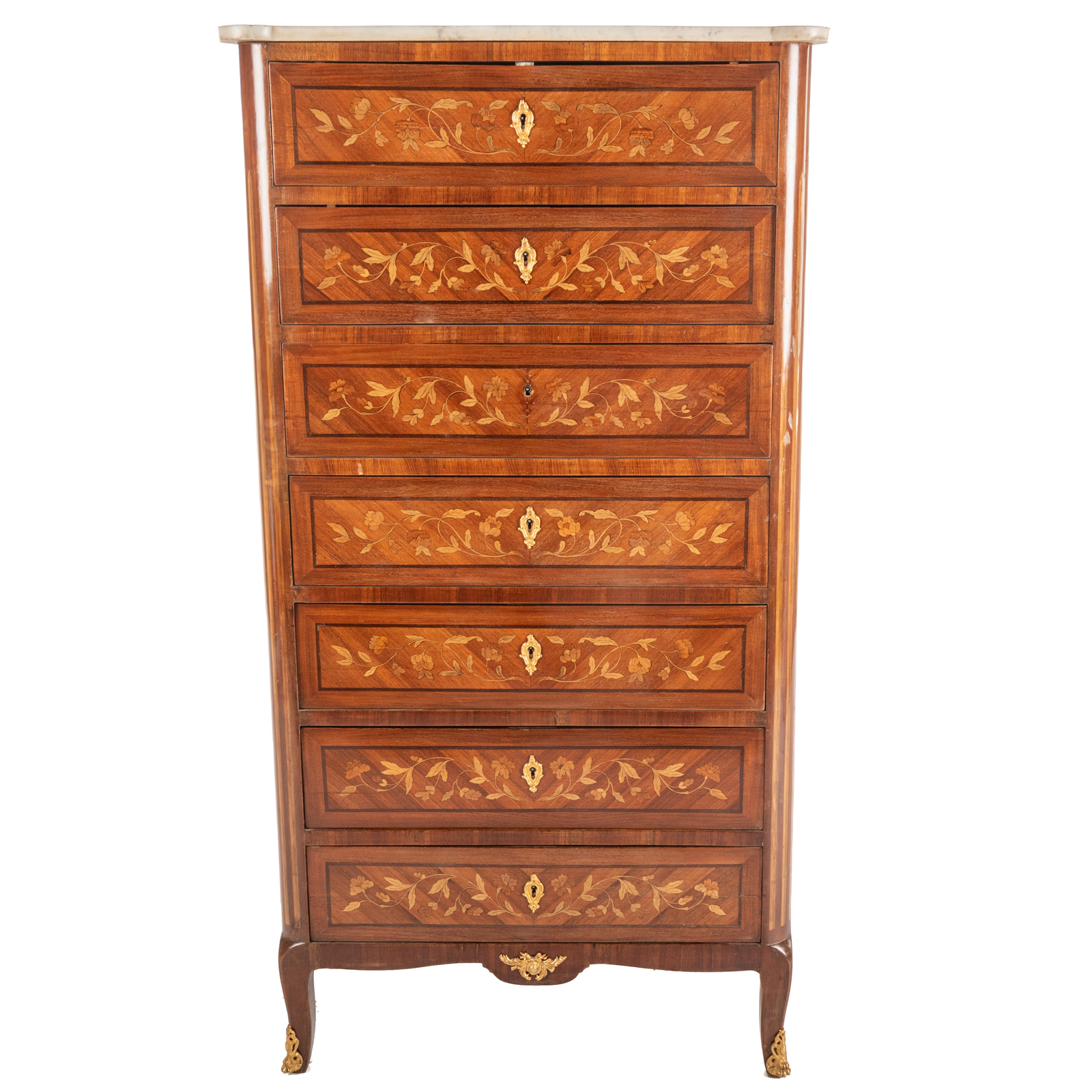 LOUIS XV INLAID MARBLE TOP CHEST