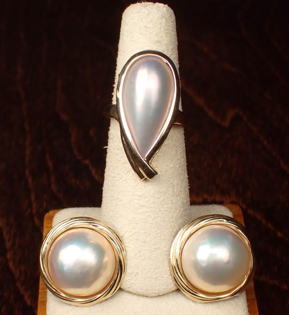 MABE PEARL RING AND PAIR OF