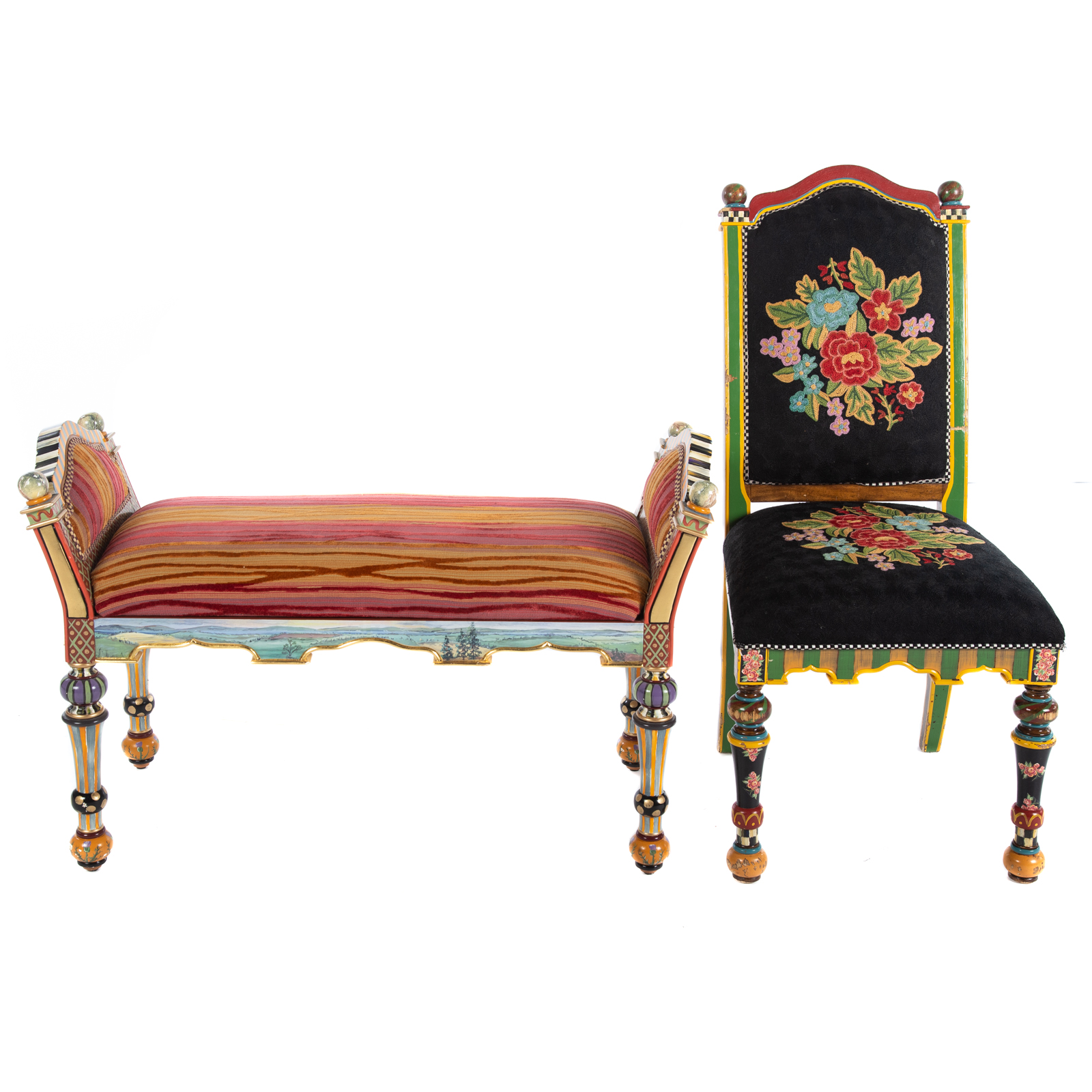 MACKENZIE CHILDS PAINTED BENCH &