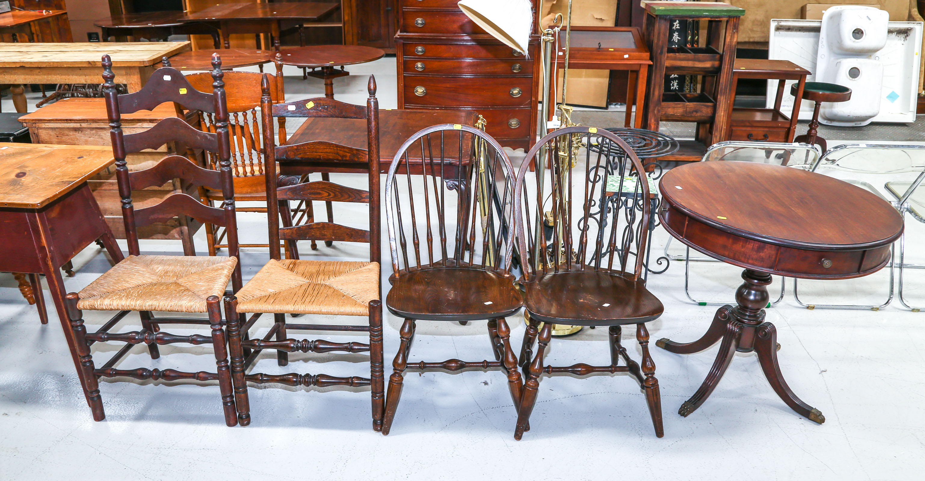 MAHOGANY DRUM TABLE; FOUR CHAIRS