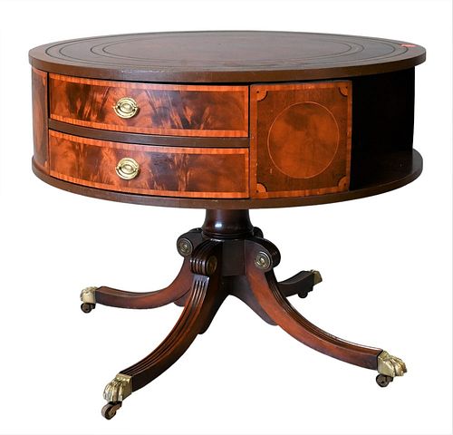 MAHOGANY DRUM TABLE, HAVING LEATHER