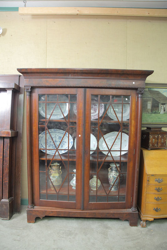 MAHOGANY GLASS FRONT BOOK CASE.