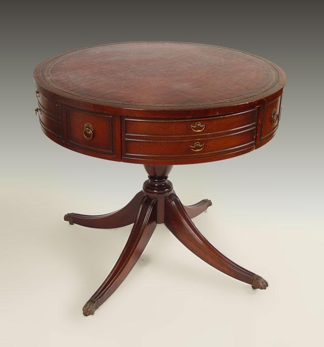 MAHOGANY LEATHER TOP DRUM TABLE: