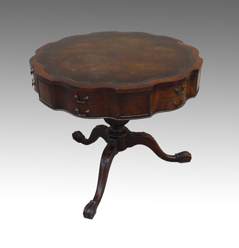 MAHOGANY LEATHER TOP LAMP TABLE: