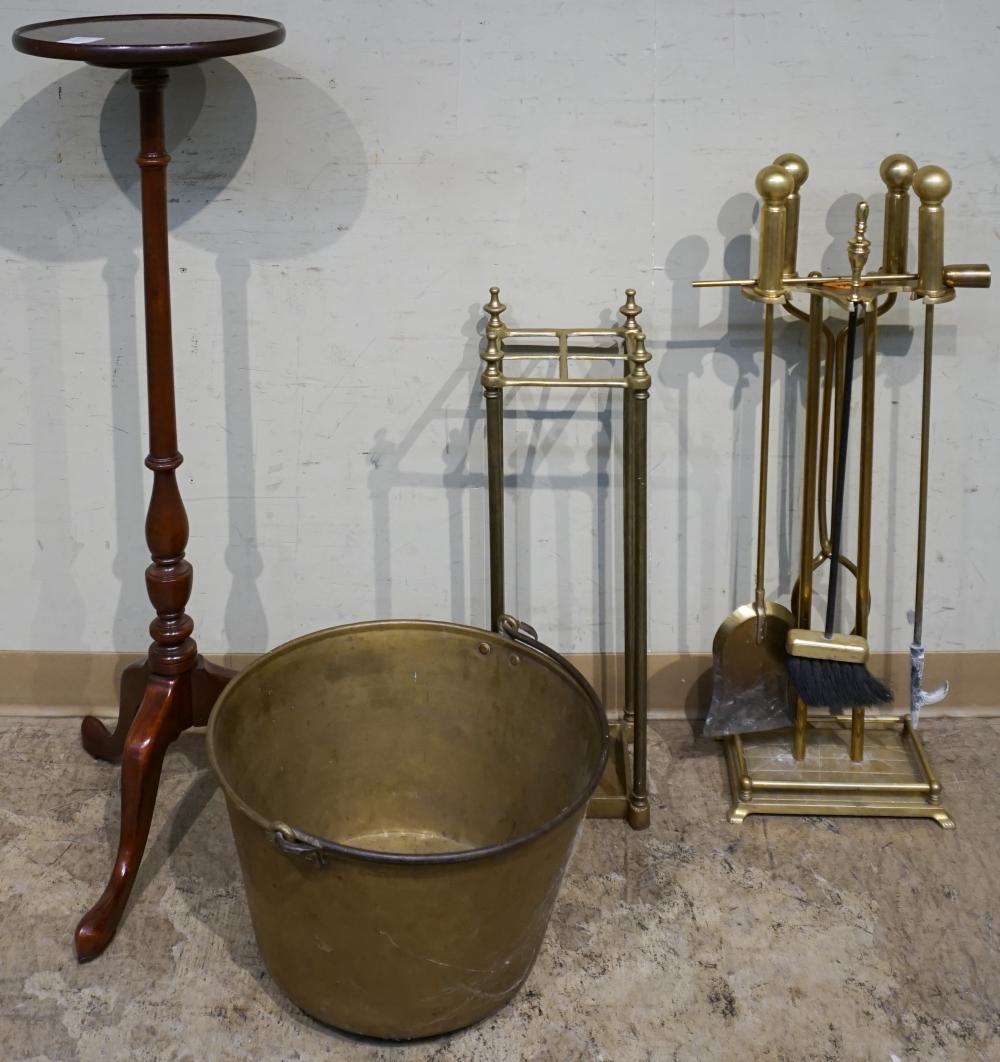 MAHOGANY PLANT STAND, BRASS