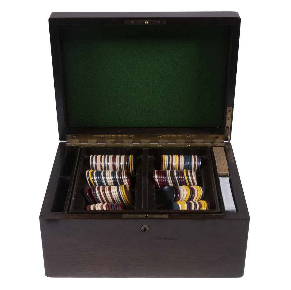 MAHOGANY POKER CASE WITH CHIPS