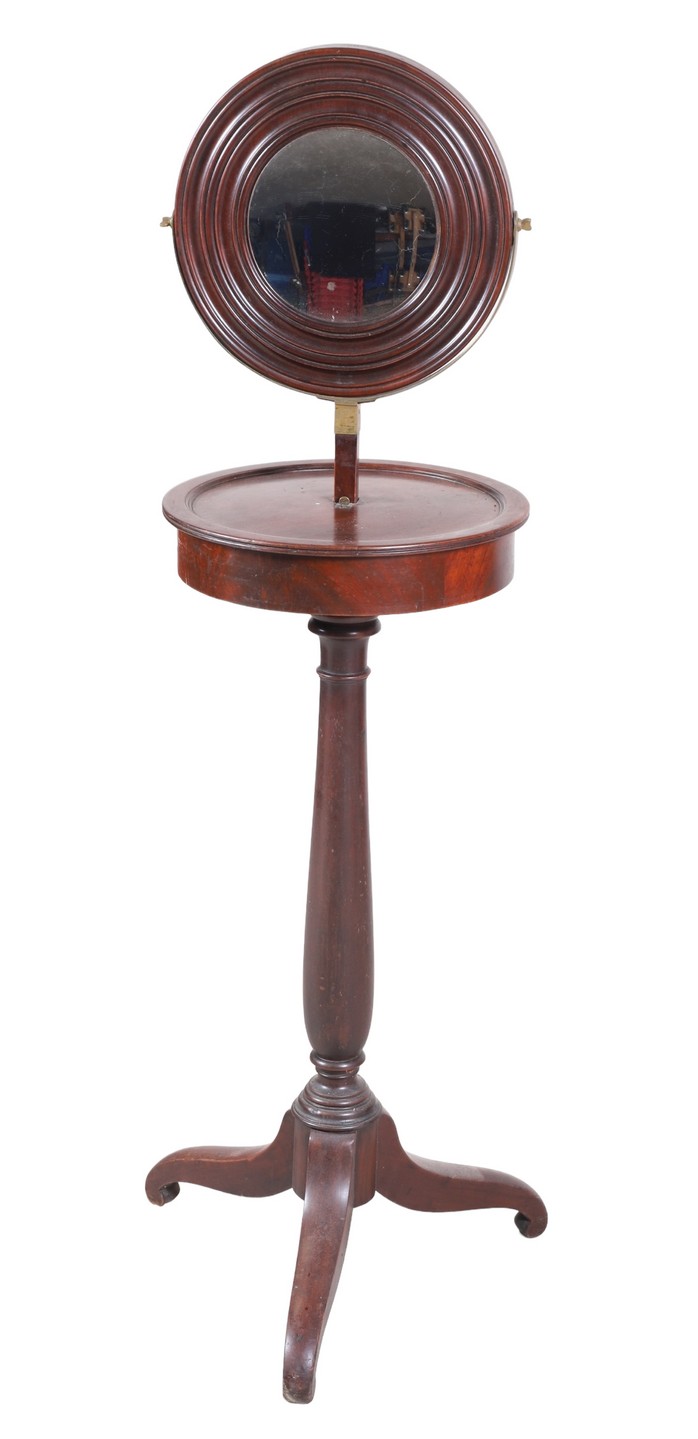 Mahogany shaving mirror on stand,