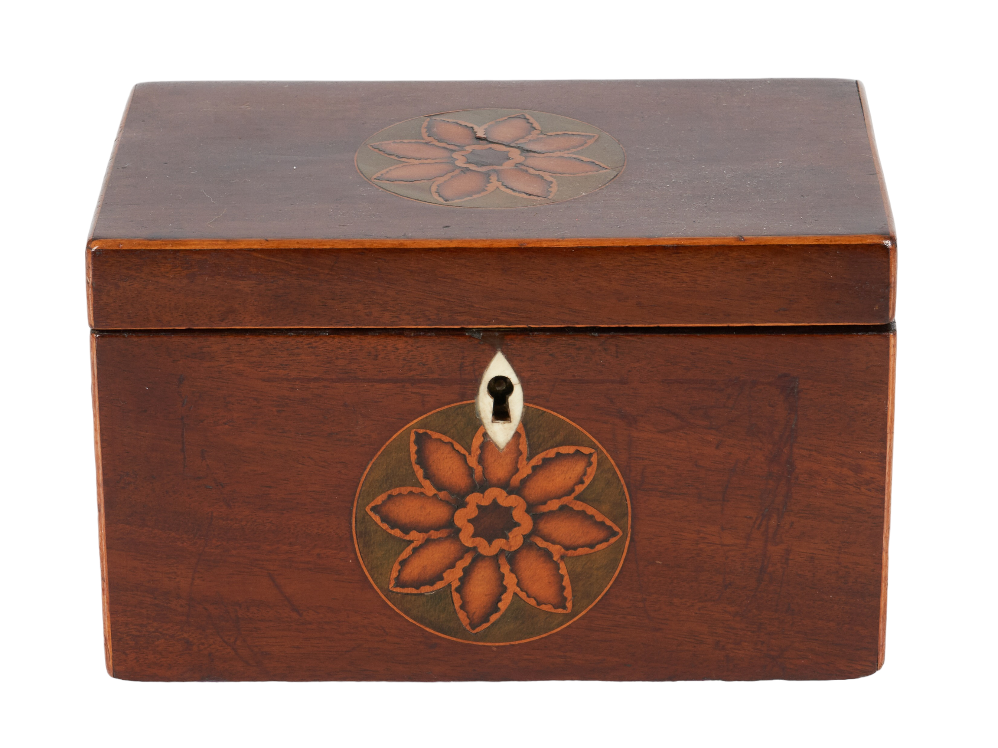 Mahogany tea caddy, inlay floral
