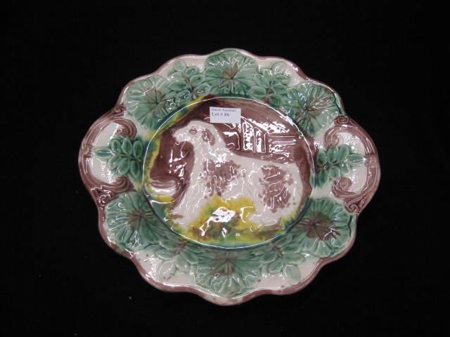 Majolica Art Pottery Plate dog in