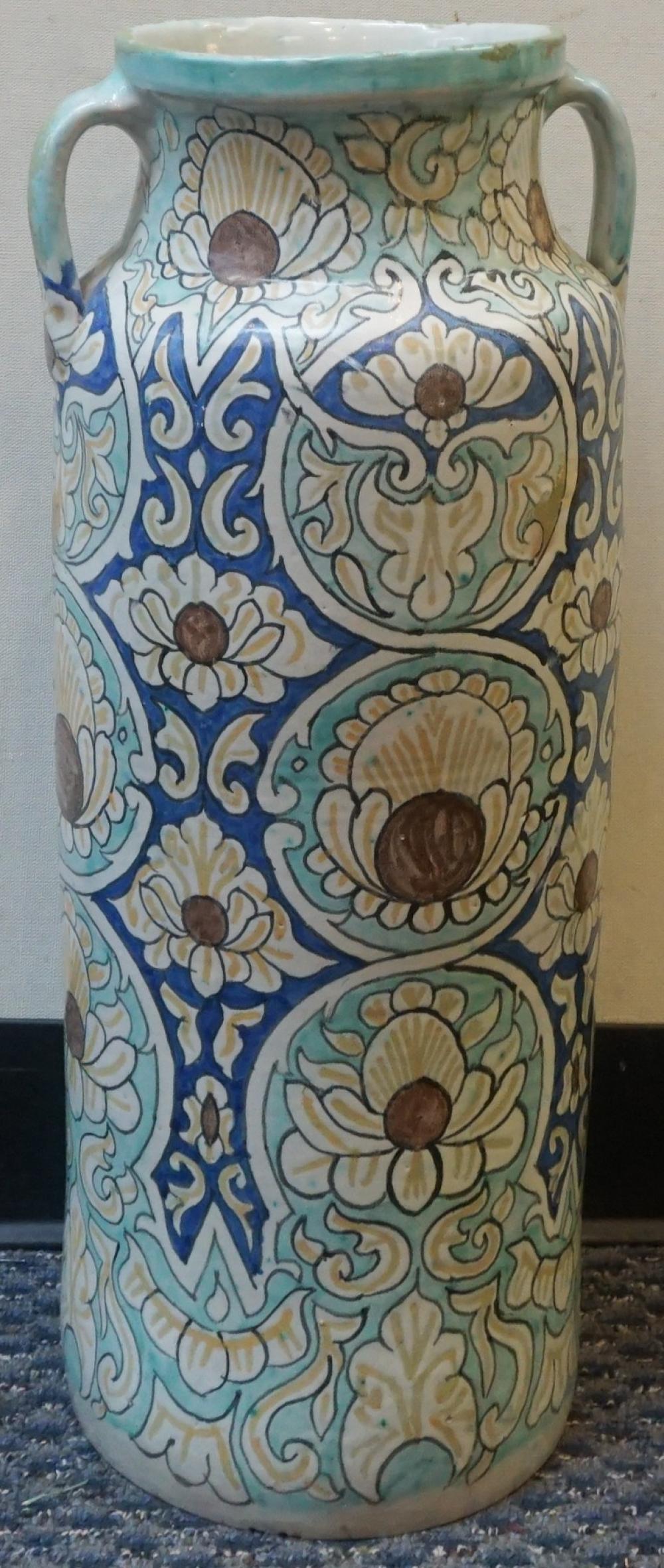 MAJOLICA FLORAL DECORATED TALL URN,