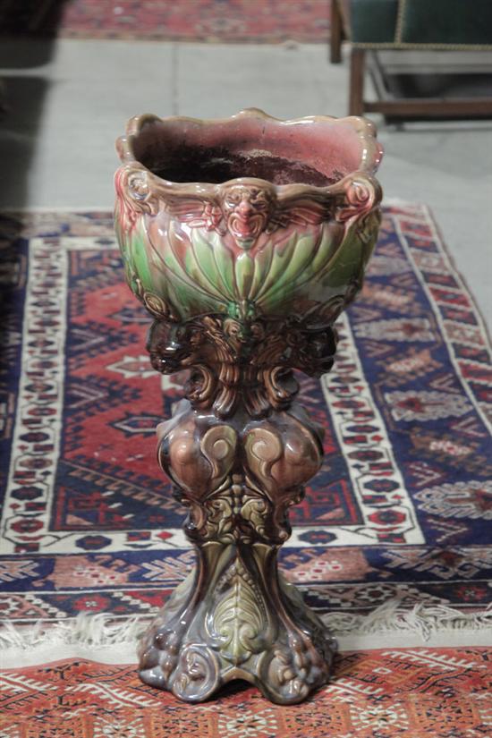 MAJOLICA JARDINIERE ON PEDESTAL.