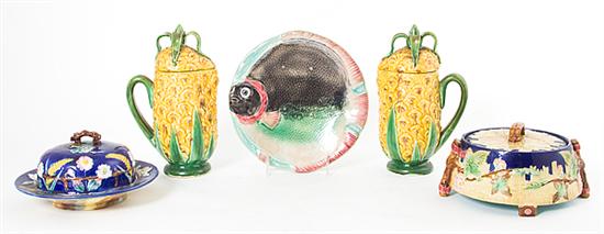 Majolica pitchers cheese dish