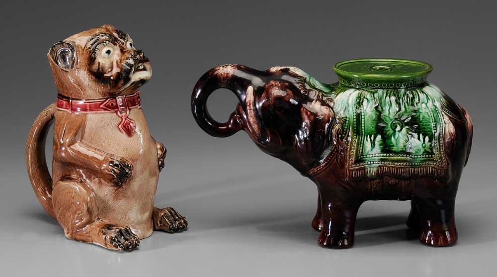 Majolica Plant Stand, Pug Pitcher