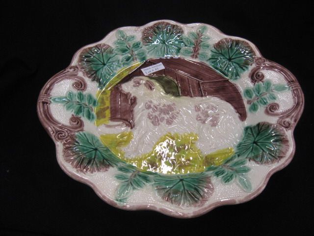 Majolica Pottery Serving Dish dog &