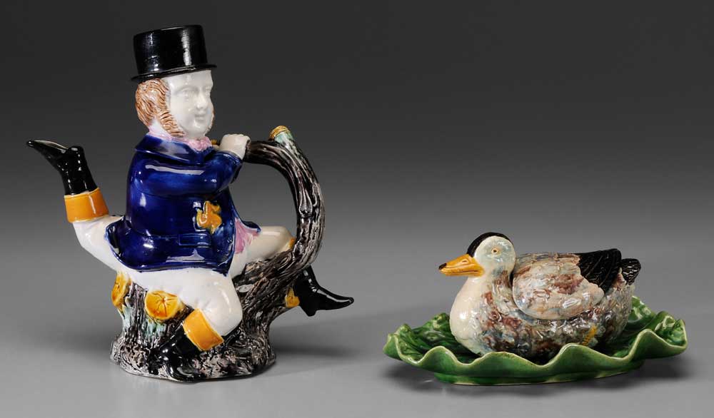 Majolica Teapot, Duck Dish British,