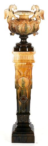 MAJOLICA URN W/ DRAGON HANDLES &