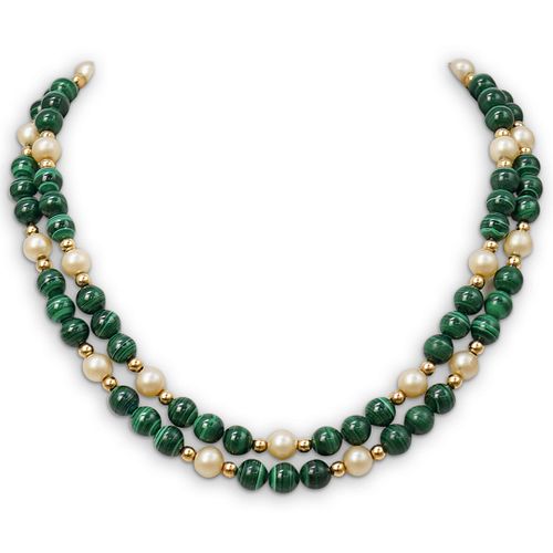 MALACHITE, FAUX PEARL & GOLD BEADED
