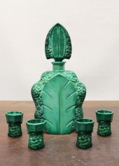 MALACHITE GLASS DECANTER AND C