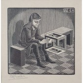Man with Cuboid Woodcut by M.C