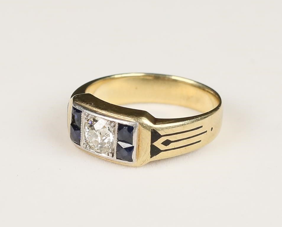 MAN'S 14K SAPPHIRE, DIAMOND &