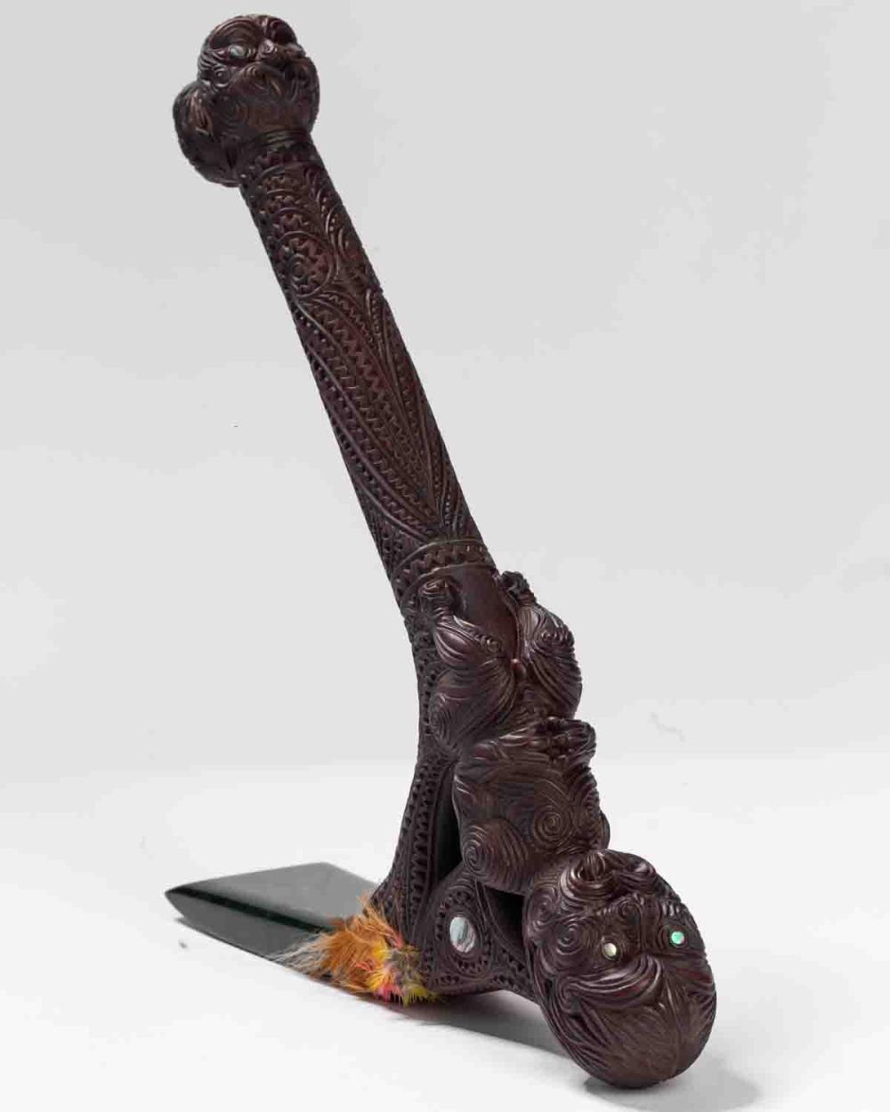 MAORI CARVED WOOD AND NEPHRITE TOKI