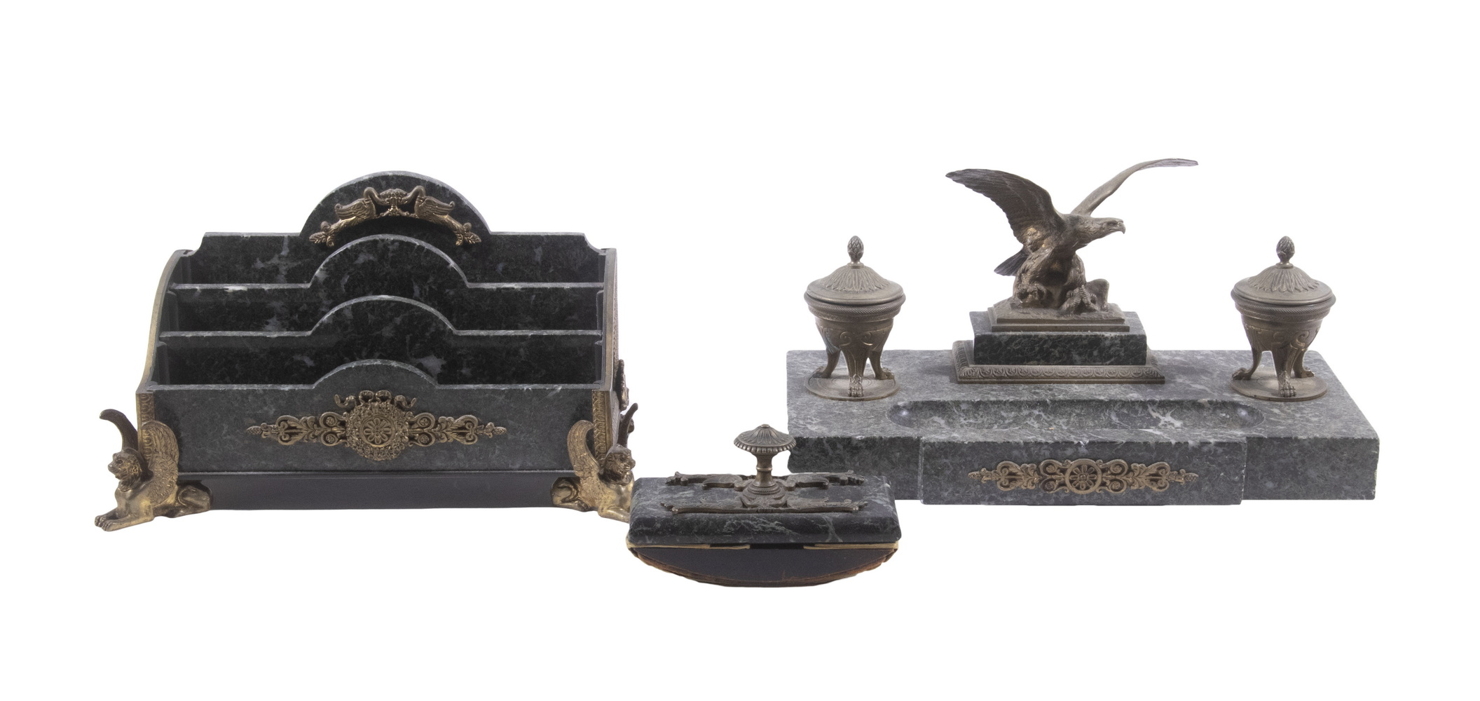MARBLE DESK ITEMS (3) Brass Mounted
