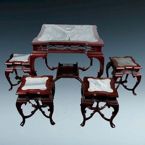 MARBLE-INLAID HARDWOOD TABLE WITH