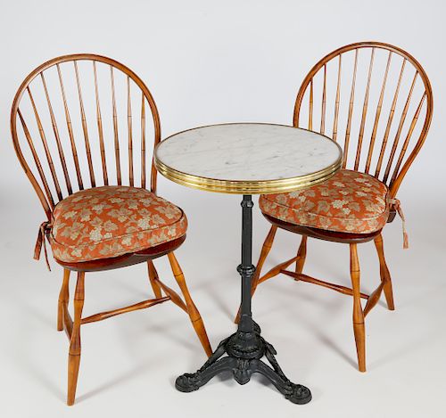 MARBLE TOP BISTRO TABLE AND PAIR OF