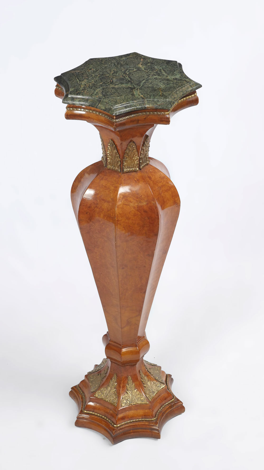 MARBLE TOP BURLWOOD PEDESTAL:
