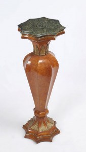 MARBLE TOP BURLWOOD PEDESTAL: