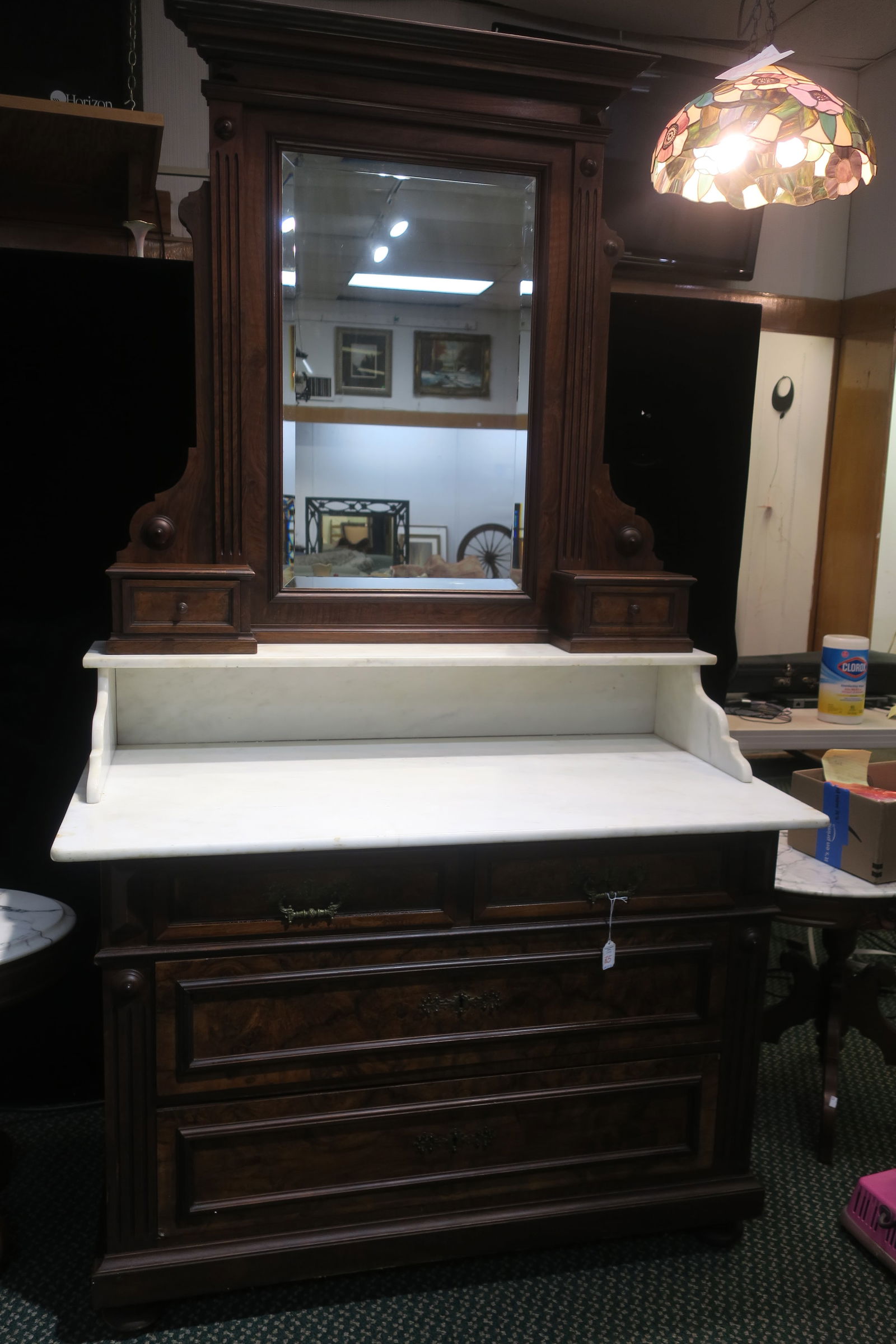 MARBLE TOP DRESSER WITH BEVELED