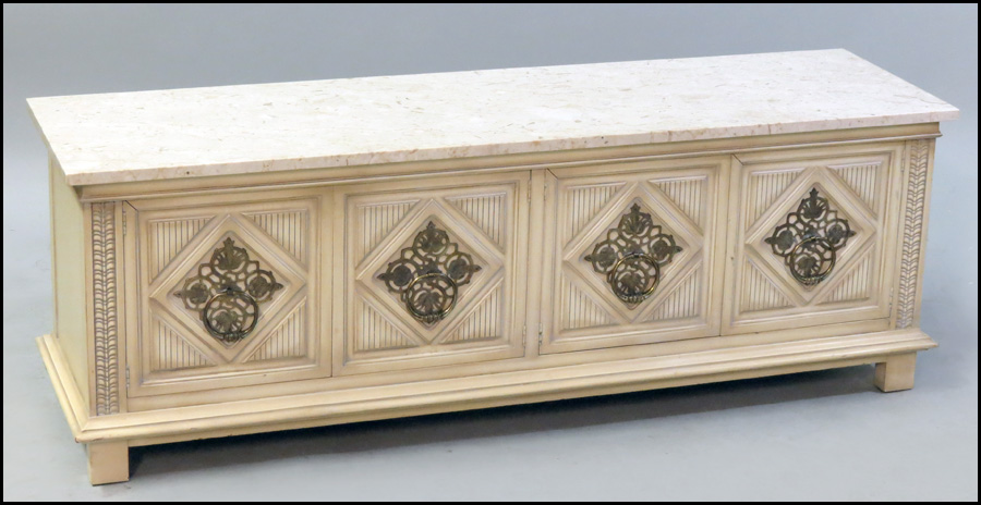 MARBLE TOP FOUR DOOR CABINET.