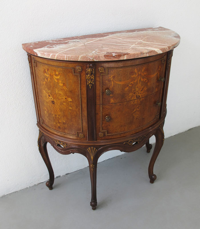 MARBLE TOP MARQUETRY COMMODE: