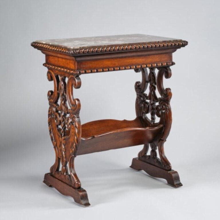 MARBLE TOPPED OAK MAGAZINE TABLEA