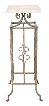 MARBLE & WROUGHT IRON PEDESTAL